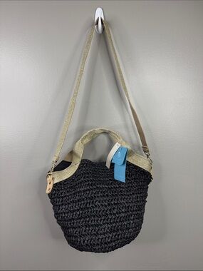 Kiss Sea Woven Straw Tote Shoulder Bag with Beige Trim and Removable Strap